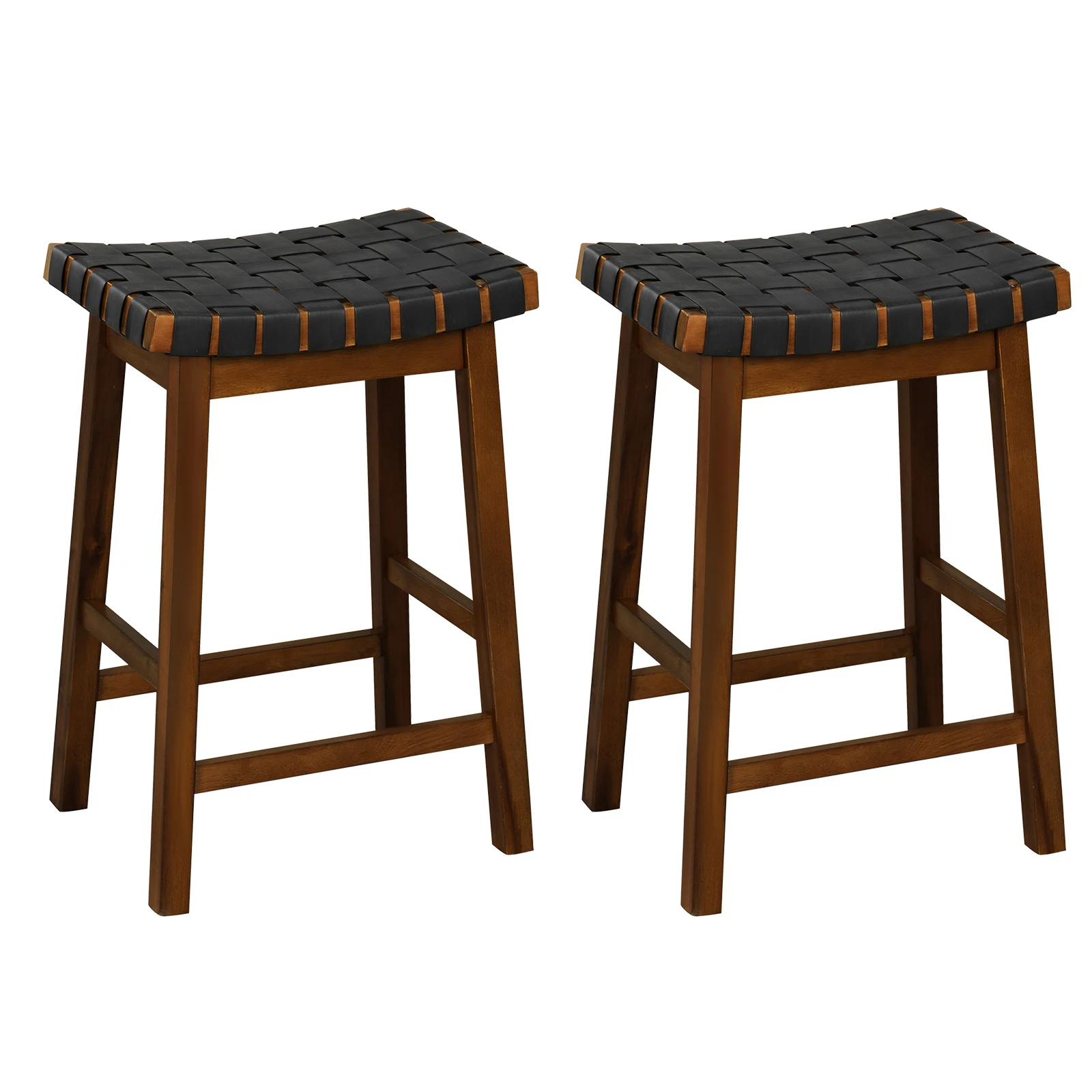Taboret drewniany, zestaw 2 szt. z tkaniny PU, stołek barowy z łukowatym siedziskiem, wysokość 65 cm z podnóżkiem, do jadalni, baru, brązowy vintage