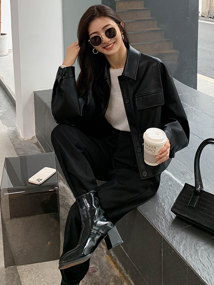ฤดูหนาวสีดำ Cropped แจ็คเก็ตหนังผู้หญิง2022ฤดูใบไม้ร่วงเกาหลี High Street Biker แจ็คเก็ตย้อนยุคของผู้หญิงบาง PU Chic เสื้อ