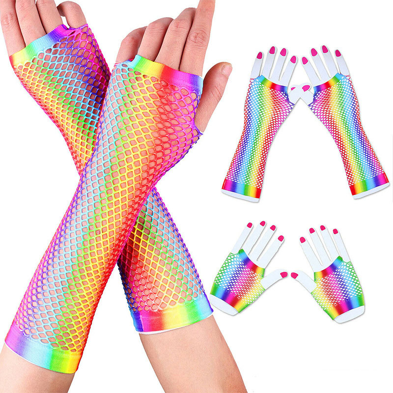 1 par de guantes de rejilla sexis de Color arcoíris para mujer, guantes sin dedos con agujeros calados, manopla para disfraz de baile Disco para mujer