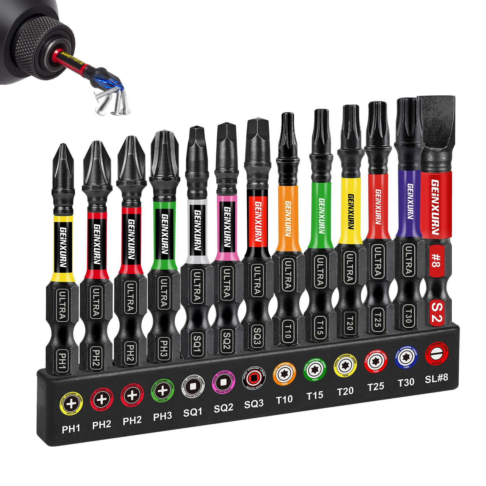 Geinxurn Juego de puntas de destornillador Phillips/cuadrado/ranurado de impacto, juego de puntas de acero S2 magnéticas de 2 pulgadas con base codificada en color, 13 piezas