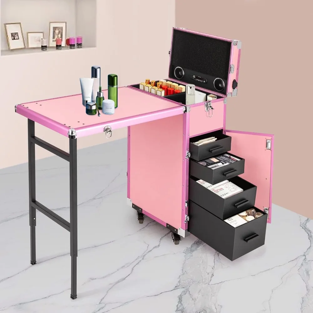 Professional Rolling Makeup Case, Foldable Nail Tables Travel Cosmetic Trolley Storage Organizer with 4 Drawers Mirror