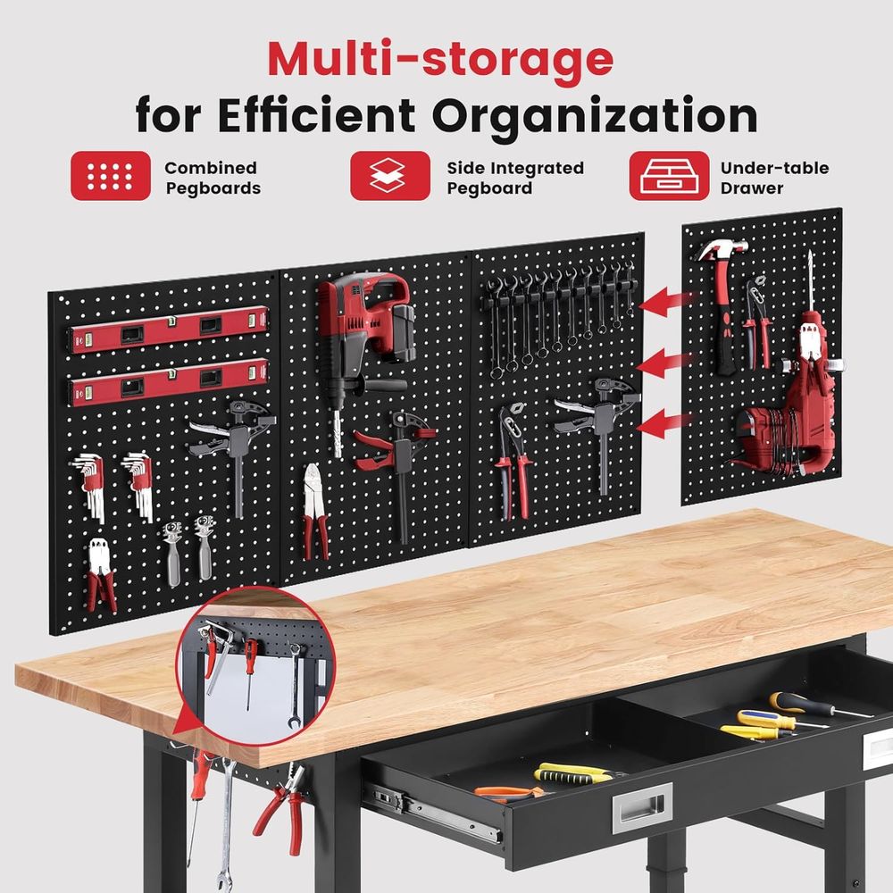 Work Bench with Ders Adjustable Workbenches or Garage 60 Inch Rubber Wood Top Garage Workbench with Pegboard,Power Outlets or Wo