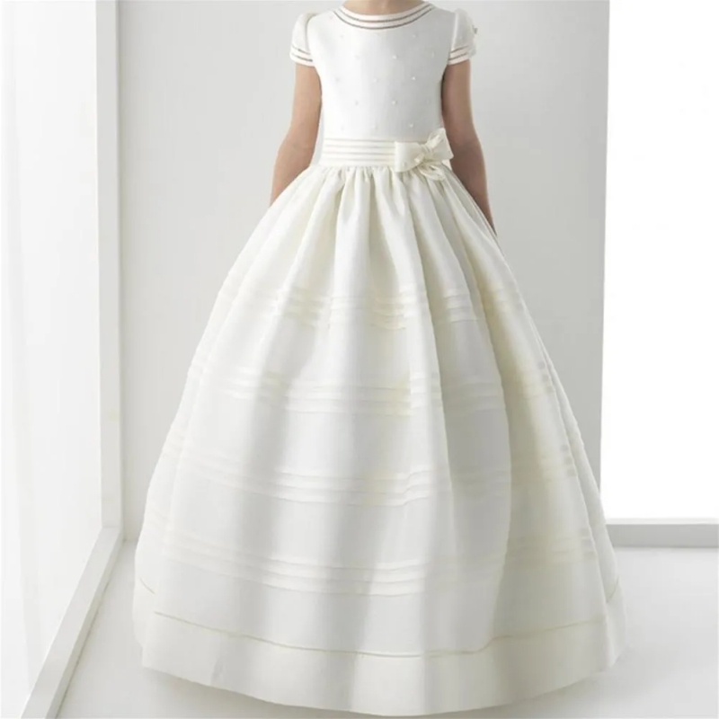 ที่กําหนดเองชุดเดรสดอกไม้ Vintage Ivory ซาตินไข่มุกด้านบนโบว์สําหรับงานแต่งงานวันเกิดเจ้าหญิง Baptism Gowns