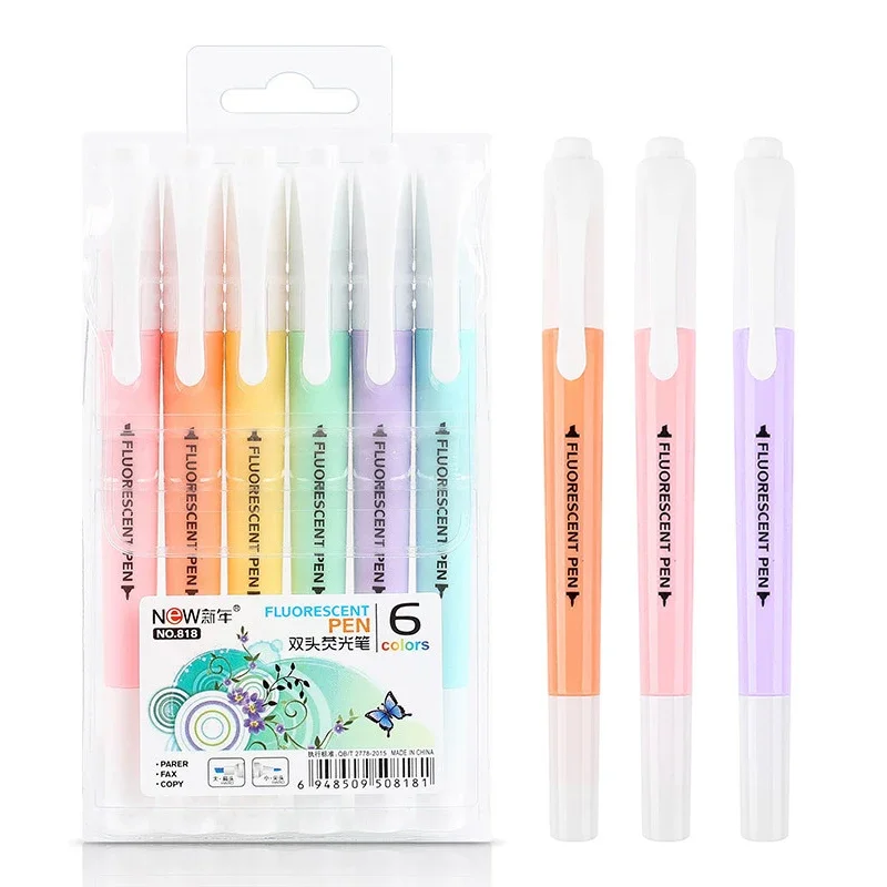 6 ชิ้น/เซ็ต Double HEAD Fluorescent Highlighter ปากกาเครื่องหมายพาสเทลปากกาสําหรับนักเรียนโรงเรียนอุปกรณ์สํานักงานเครื่องเขียนน่ารัก