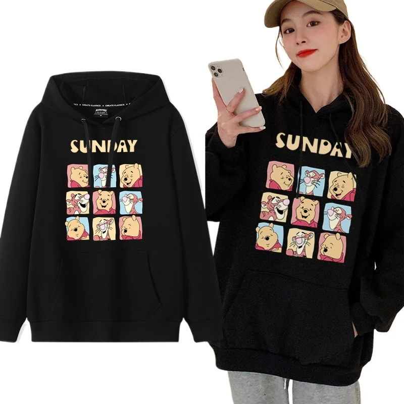 Winnie the pooh dos desenhos animados moda simples camisola feminina solta e confortável com capuz versátil casal namorada camisola jaqueta