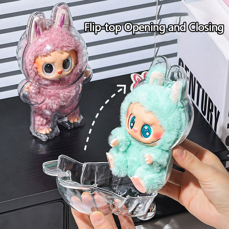 17CM Labubu Protector Case V1 V2 Protector Cover Volledige Clear Staande Zitten Wandelen Pluche Poppen Display Tas Pop accessoire