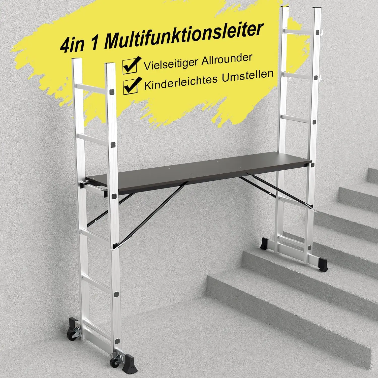 Scala multifunzionale in alluminio 4 in 1, 6 + 6 gradini, mobile con piattaforma, 2 ruote, ponteggi da lavoro, carico massimo 150 kg, argento.
