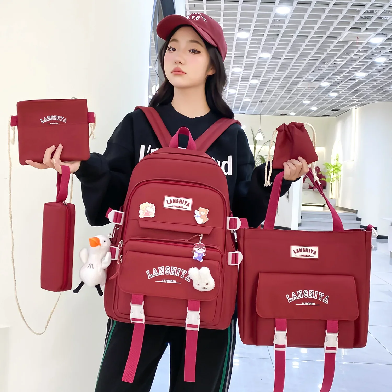 5 unids/set nuevo estilo de bosque versión coreana mochila de estudiante Harajuku para chicas de secundaria gran capacidad elegante e informal