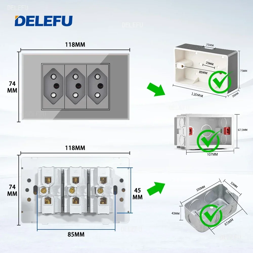 DELEFU закаленное серое стекло, бразильская стандартная розетка, двойной USB-разъем типа C, Швейцария, настенная розетка, выключатель света, Швейцария, 118 мм, 10 А, 20 А