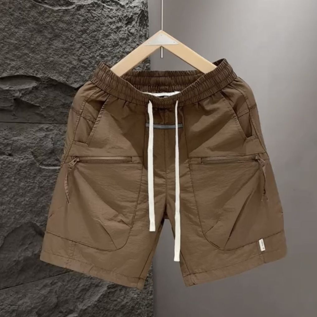 Calções de carga com zíper de bolso de verão masculino na moda marca versátil solto de secagem rápida esportes soltos casuais calças de praia de cinco pontos