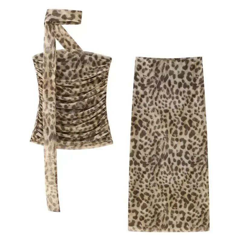 Asds Vrouwen Mode 2 Delige Set Tule Luipaard Geplooide Tops & Vintage Hoge Taille Midi Rok Dames Chique Dames Rokken Set