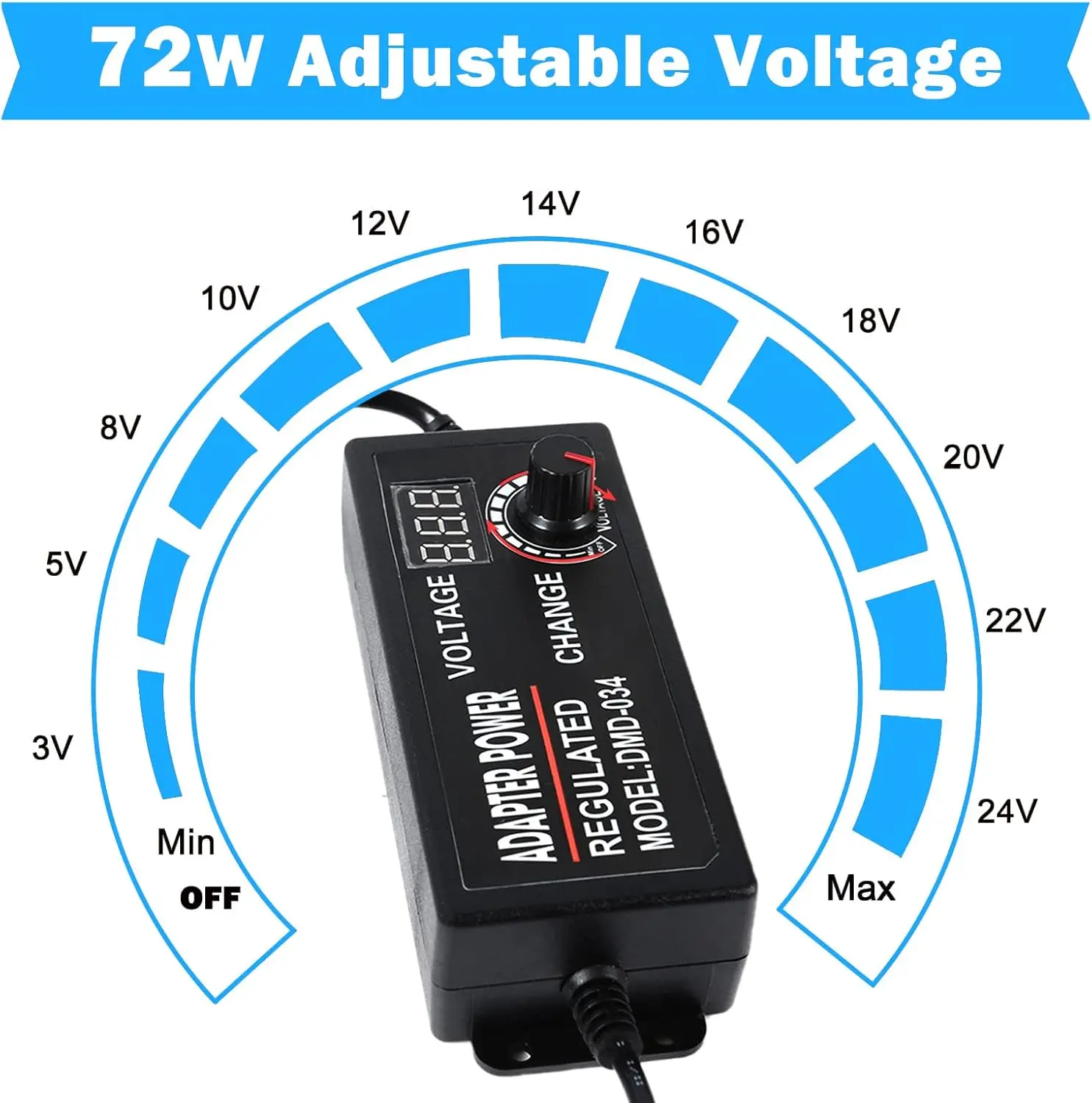 Adattatore regolabile da 3 V a 12 V 5 A o 3 V a 24 V 2 A Schermo di visualizzazione dell'alimentatore Manopola regolata Ingresso CC 5,5 * 2,5 mm US EU 100-240 V CA