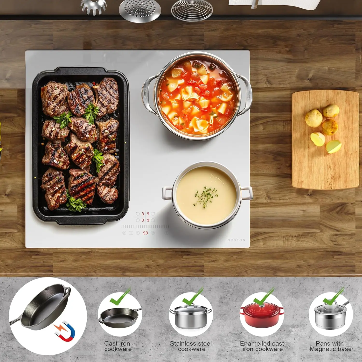 NOXTON Plaque à Induction Blanc/Noir 4 Feux avec Flexzone, Plaque de Cuisson Induction 60 cm Encastrable avec Commande Tactile, Minuterie, Sécurité enfant, 220V-240V, 3500W, avec Prise