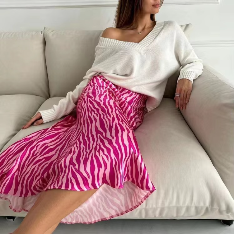 Elegante Zebra Zomer Rokken Vrouwen Hoge Taille Satijn Roze Lange Jurken Vintage Fishtail Rok Mode Dame Dameskleding
