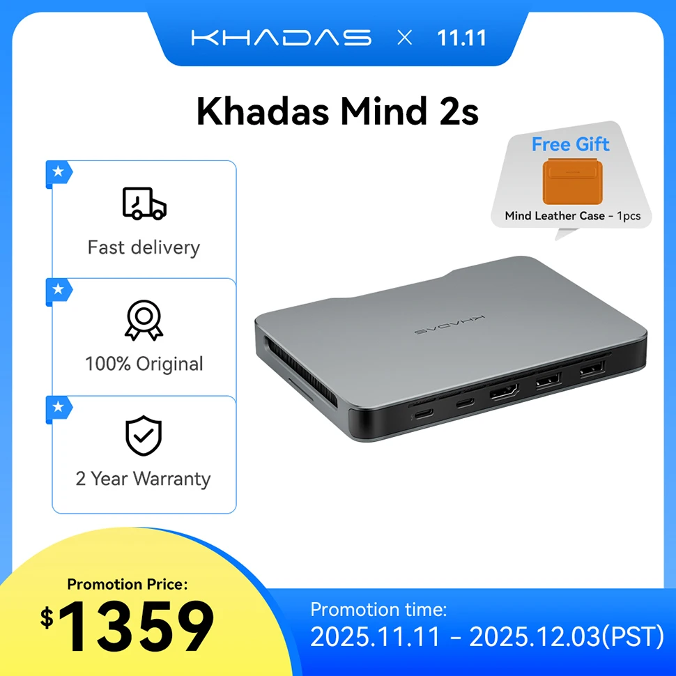 Khadas Mind 2s/2 AI Mini PC, microordenador de escritorio con Intel Core Ultra 7 255H, hasta 64GB+2TB, Windows 11 Home, 8K, Thunderbolt 4