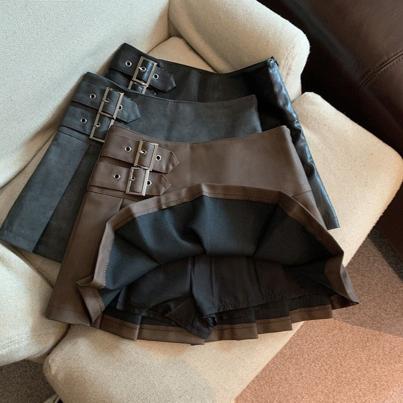 MEXZT S-3XL Y2K Pu Minigonne in pelle Donna Streetwear Gonna a pieghe a vita alta Vintage coreano Nero Slim Casual A Line Gonne