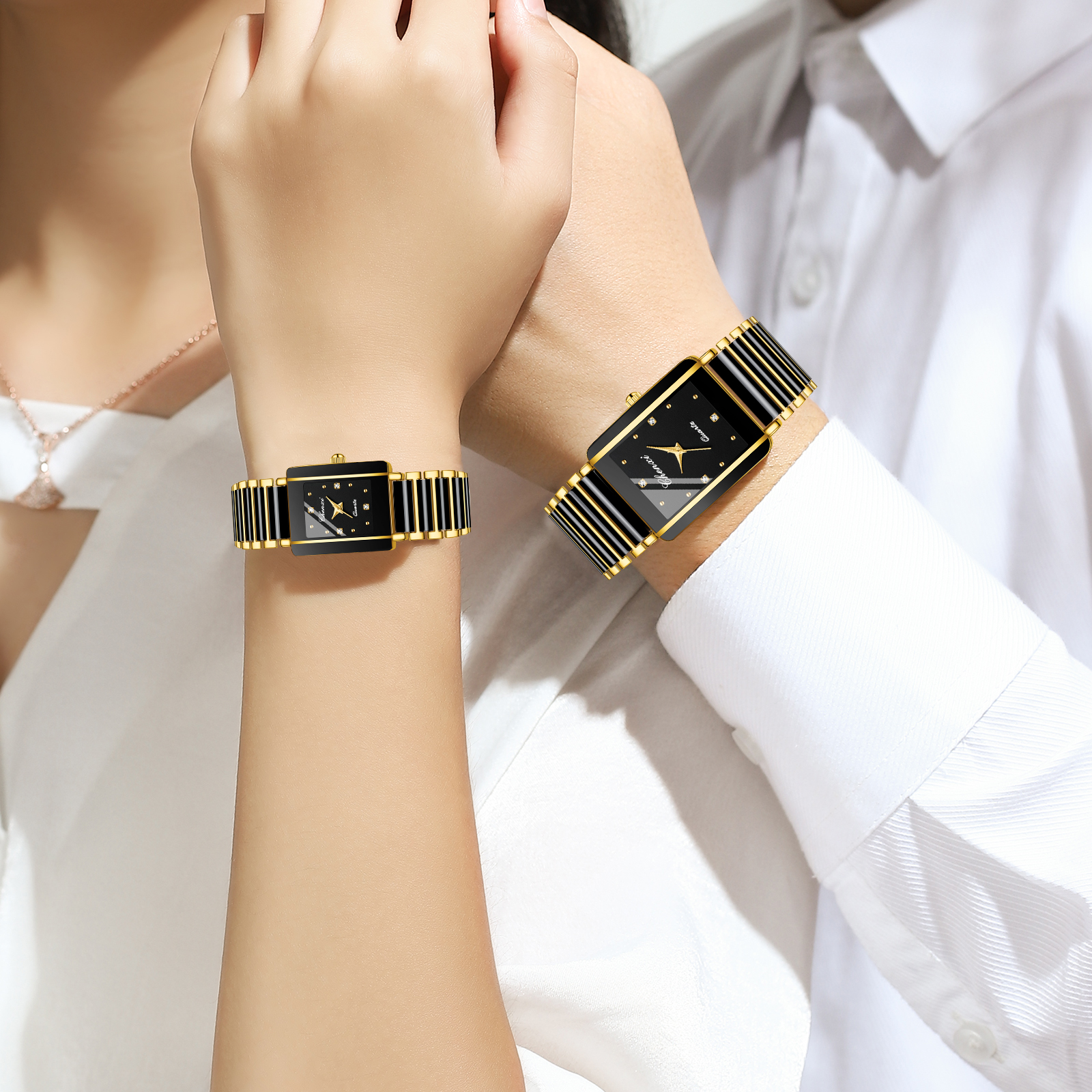 2PCS คู่นาฬิกาเซรามิคกันน้ําแฟชั่นผู้ชายและผู้หญิงนาฬิกา Reloj Mujer โรแมนติกของขวัญวันเกิดนาฬิกาข้อมือ