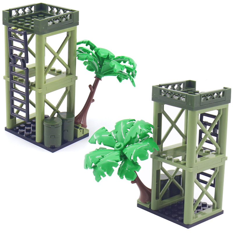 Bloques de construcción de ciudad militar, torre de mirada, árbol, escena de guerra, ciudad militar, modelo clásico, Kits de ladrillos, conjuntos de Ideas