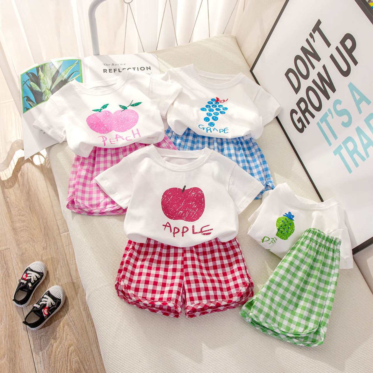 Set per bambini 2 pezzi Top girocollo a maniche corte + pantaloncini scozzesi Frutta Limone Uva Cartoon Design Abbigliamento esterno Casual Estate Ragazze
