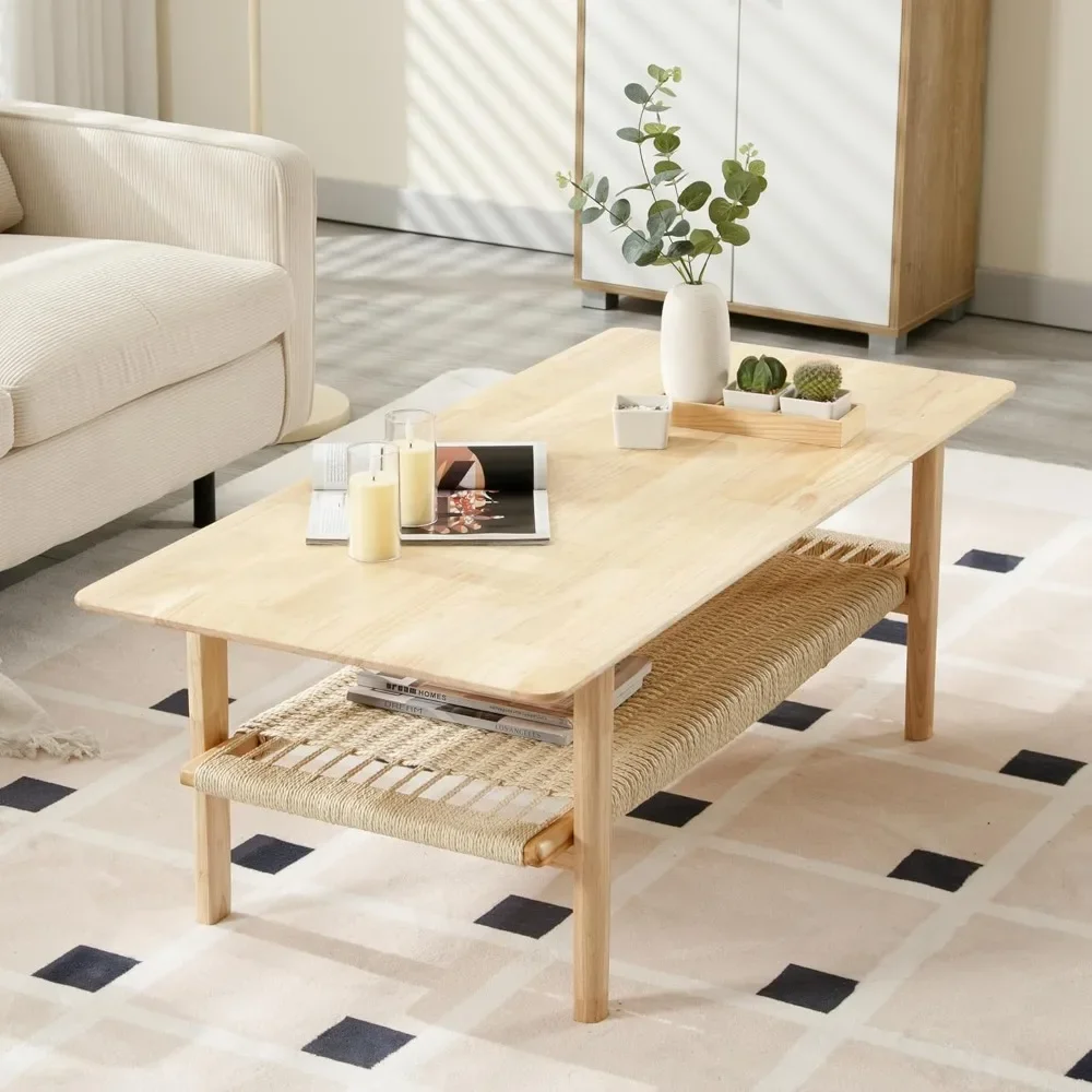Mesa de centro de fazenda com armazenamento de vime Boho Mid Centry Mesa central moderna com sob prateleira Mesa de sala de estar de madeira