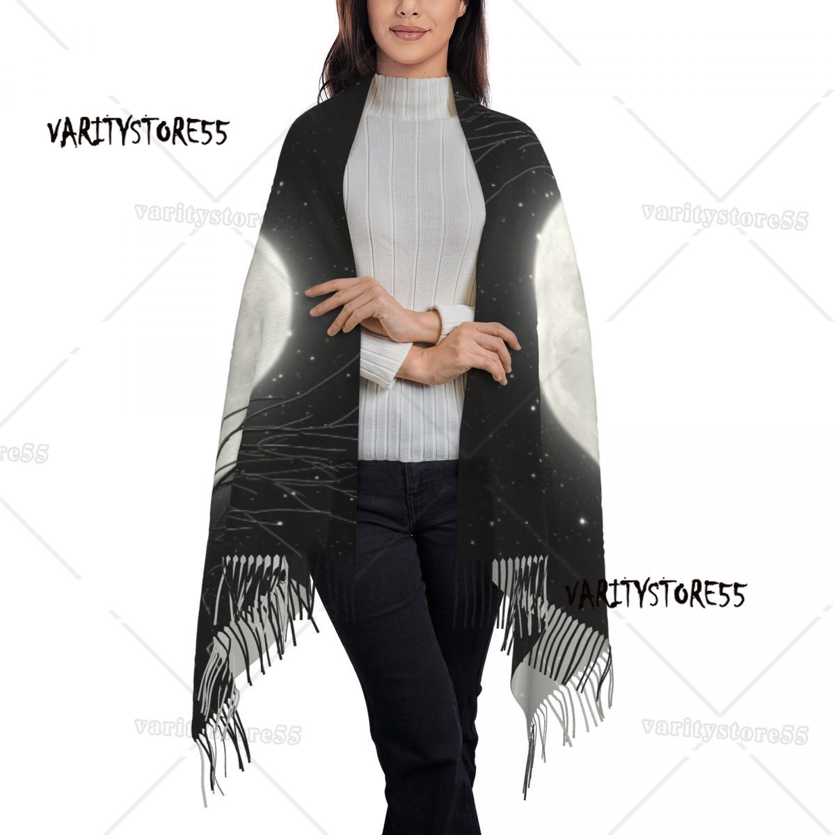 Gatto nero che guarda la luna piena sciarpa avvolgere le donne lungo inverno caldo nappa scialle Unisex animale cartone animato sciarpe