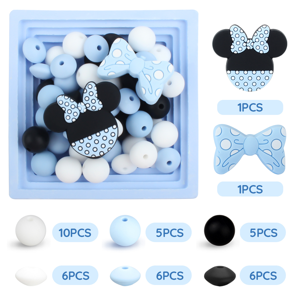 40Pcs/Set Silicone Beads Baby Teething Beads Set Bowknot Mouse Hexagonal Shape Beads DIY Pacifier Chain Necklace Accessories