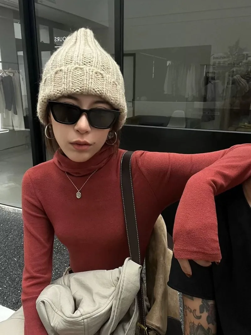 Jersey liso de manga larga con capucha para mujer, jerséis con capucha de cuello alto ajustados a la moda para otoño e invierno