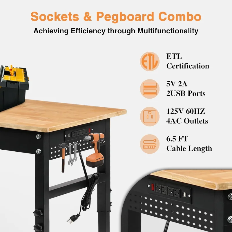70" Adjustable Workbench on Wheels, 2000 LBS Heavy Duty Work Table with Power Outlets & Pegboard, Rubber Wood Workstation