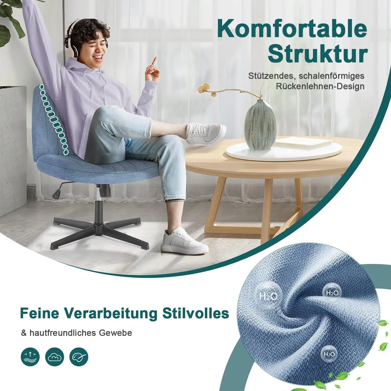 Criss Cross Legged Office Chair, Armless Wide Seat No Wheels, Modern Home Desk Height Adjustable Swivel