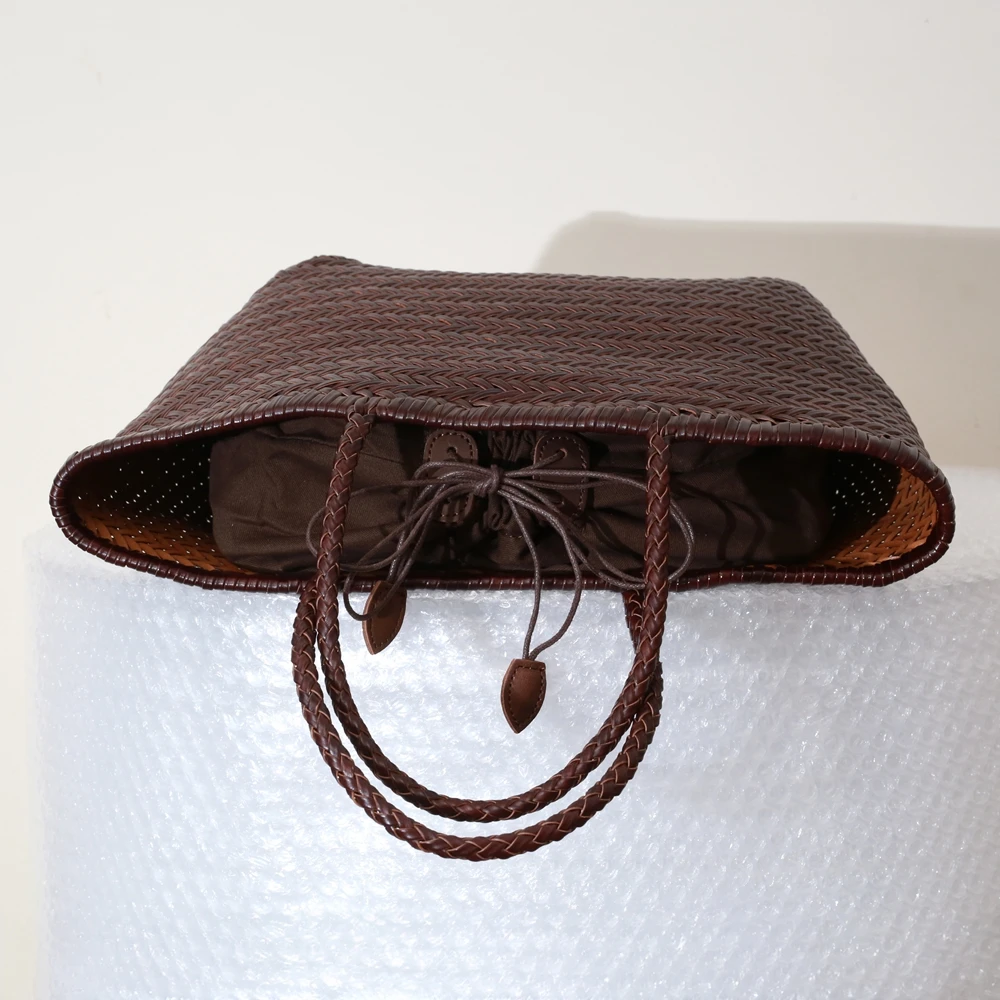 Bolsos de mano para mujer, bandolera de cuero auténtico, bolso de compras informal tejido, bolso grande Vintage, bolsos de mano cruzados de piel de vaca para mujer