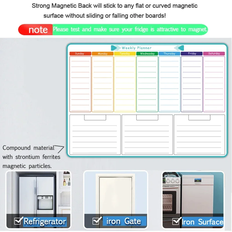 A3 Size Magnetic Weekly &monthly Planner：Spanish, French, English.Dry Erase Whiteboard Fridge Sticker Calendar