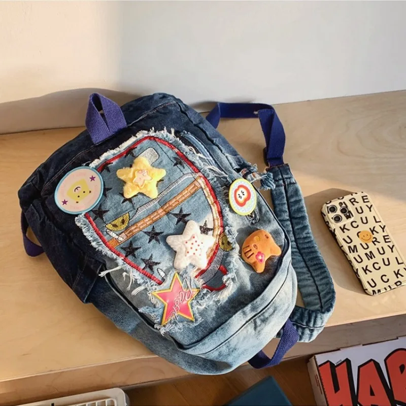 MBTI Vintage Hallo Kitty Frauen Rucksack Denim Patchwork Nette Y2k Mode Universität Rucksack Harajuku Cartoon Weibliche Neue Tasche