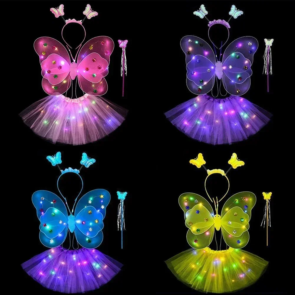 3/4ชิ้น/เซ็ต LED เด็กผู้หญิงสองชั้นสะท้อนแสงนางฟ้าผีเสื้อปีกไม้กายสิทธิ์ตกแต่งฮาโลวีนของขวัญของเล่น