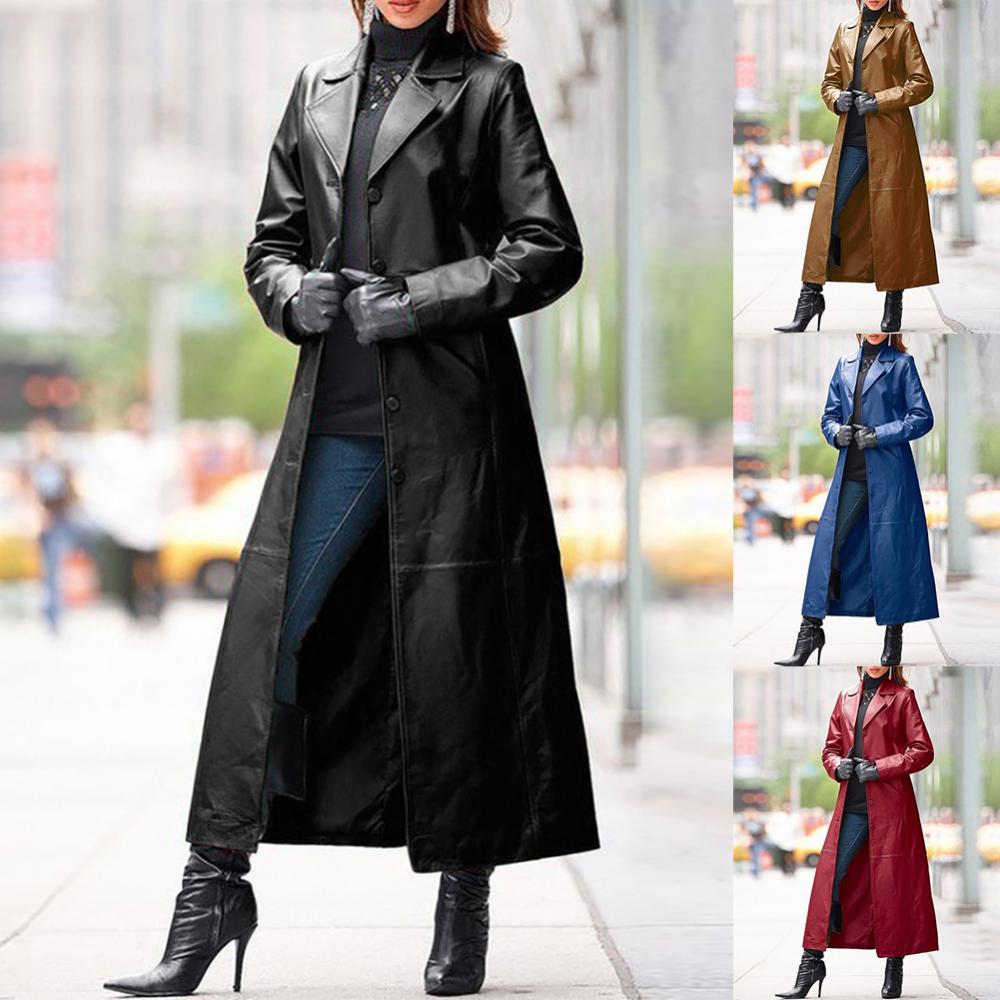 2020 mujeres Otoño Invierno Color sólido imitación cuero largo ajustado viento abrigo rompevientos ropa de mujer ж Dönртка femme veste