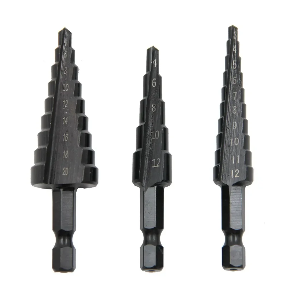 Set di 3 punte da trapano per scaletta con scanalatura diritta con codolo esagonale nero, alesatura e apertura dei fori, set di strumenti per trapano a pagoda annerita