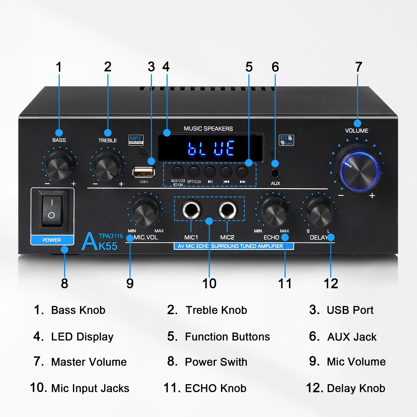 Woopker AK55 HiFi Audio Amplifier Max 900W Digital Bluetooth 5.3 AMP RMS 70W+70W Channel 2.0 Supports Dual MIC Inputs FM Radio