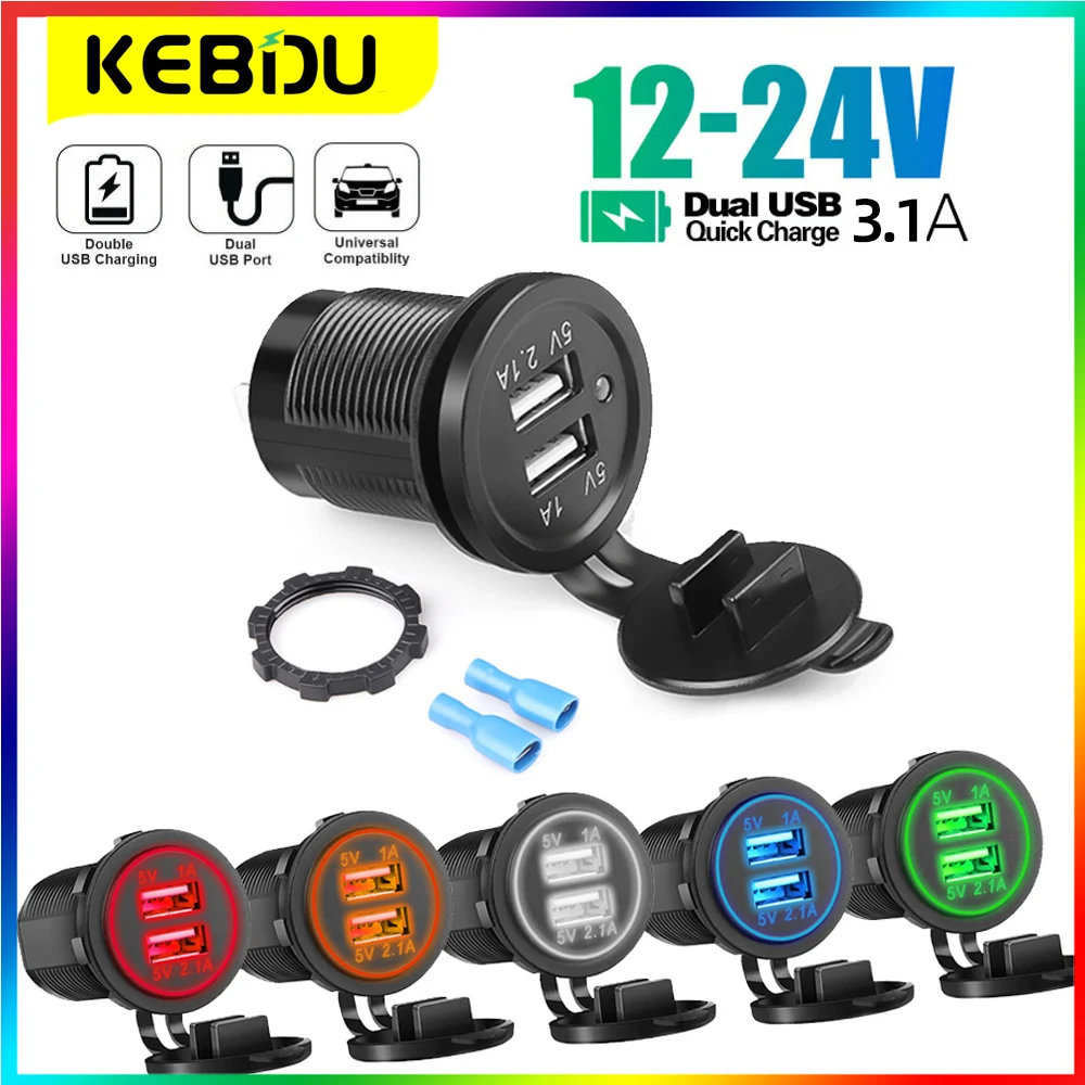 Kebidu 5V 3,1A 12V Dual USB Autoladegerät mit Panel, wasserdichtes Netzteil, Steckdose für Fahrzeug, Boot, LKW, Motorrad