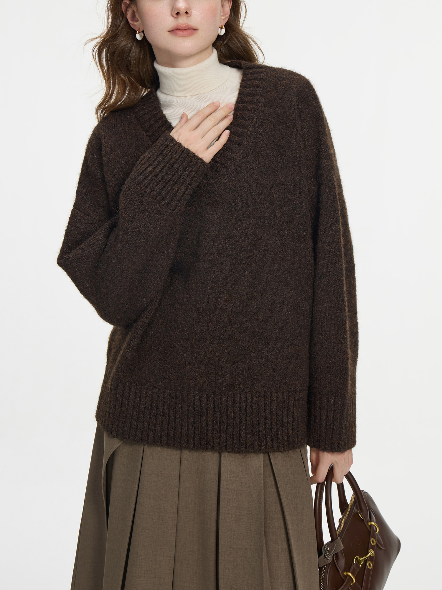 FSLE【3 Farben】Damen-Pullover mit V-Ausschnitt, 5,1 % Wolle, warm, für den Winter, Langarm-Tops, Drop-Sleeve, einfaches Top 24FS14156