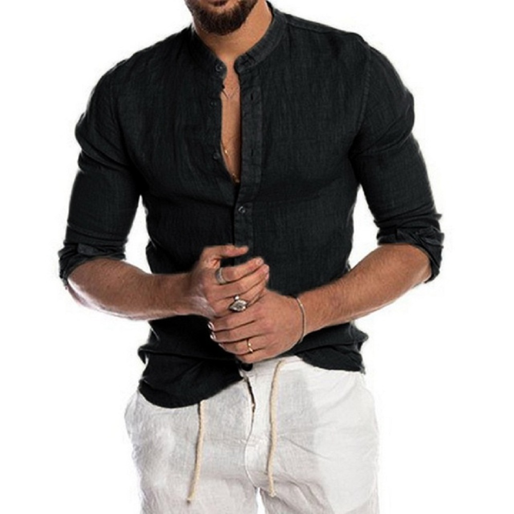 ผ้าฝ้ายลินินขายร้อนเสื้อแขนยาวผู้ชายฤดูร้อนสีทึบ Stand-Up COLLAR Casual Beach สไตล์ PLUS ขนาด
