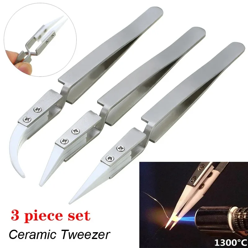 3 ชิ้นเซรามิกปลายตรงอิเล็กทรอนิกส์บัดกรีแหนบ, Anti-Static ย้อนกลับกรดทน Precision Chuck แหนบเซรามิก