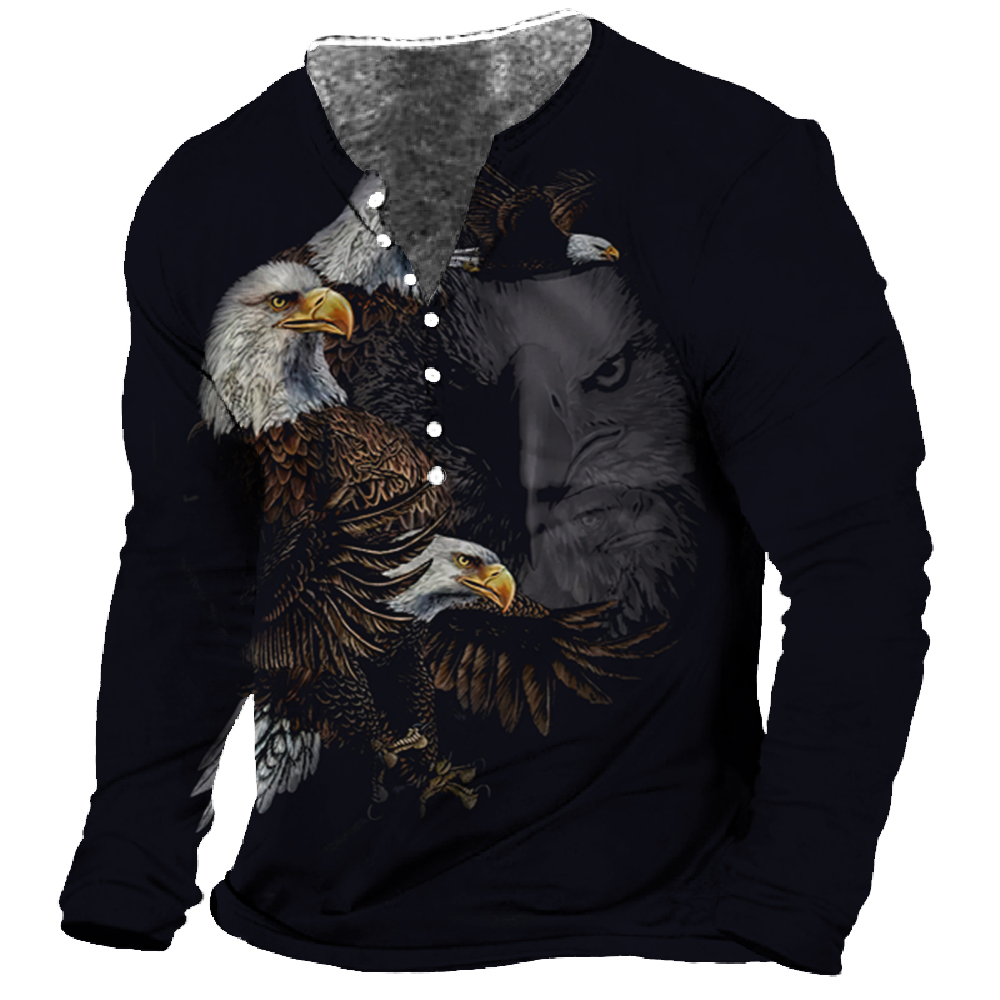 T-Shirt męski Henley Vintage Eagle Motorcycle Print Long Sleeve Daily Top Harajuku Streetwear Tee Men Seven Button Tshirt Pullover