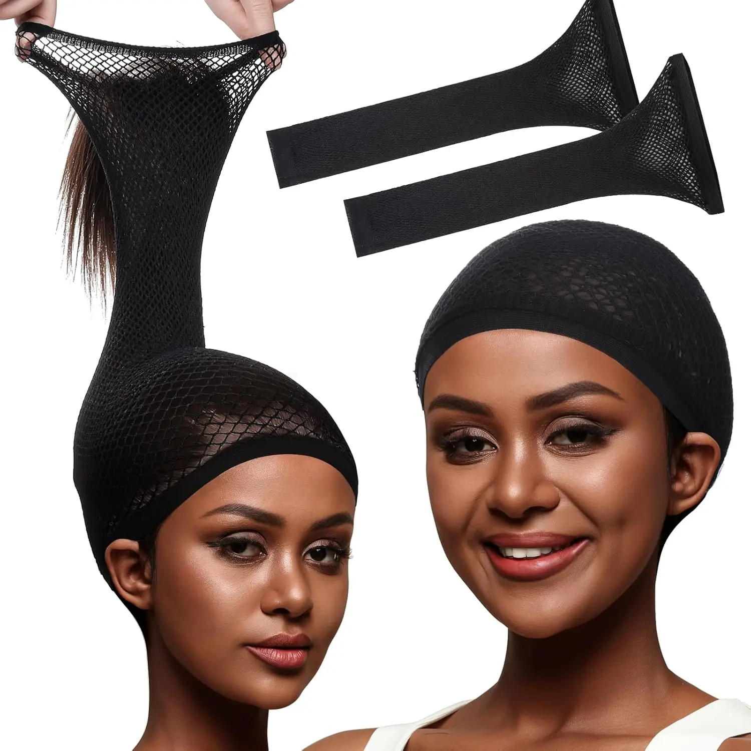 Cuffia per parrucca in pelle nera, retina per capelli per parrucche, cuffia per parrucca da donna, cuffia per parrucca a rete larga per capelli lunghi, rete per parrucca in nylon antiscivolo per l'uso quotidiano