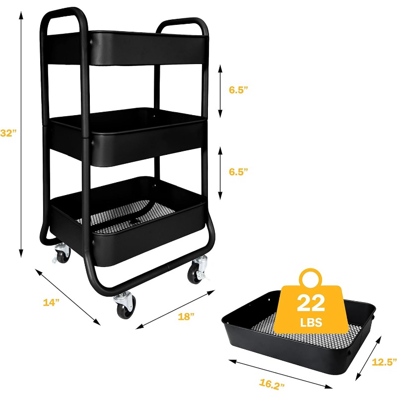 3-Tier Rolling Cart - Heavy Duty Metal Rolling Cart, Lockable Casters, Multifunctional Storage Shelves - Great for Kitchen