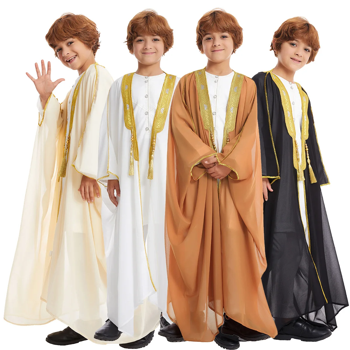 Muçulmano aberto abayas para menino adolescente branco preto robe chiffon tecido macio luxo marroquino árabe roupas elegante thobe