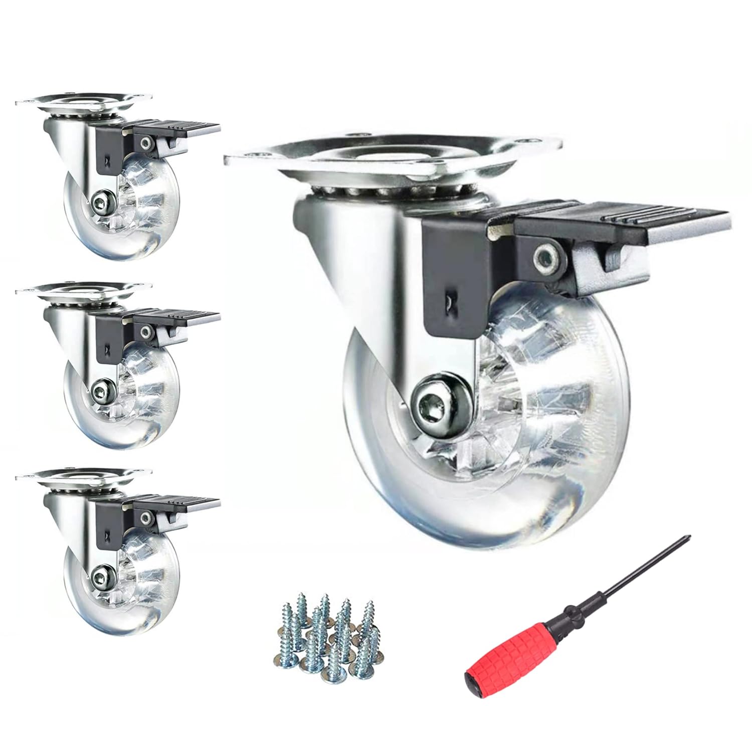 Rodízio giratório de 3 tamanhos, conjunto de 4 rodízios resistentes com freio, rodas de móveis de poliuretano transparente de 800 libras para bancada de trabalho