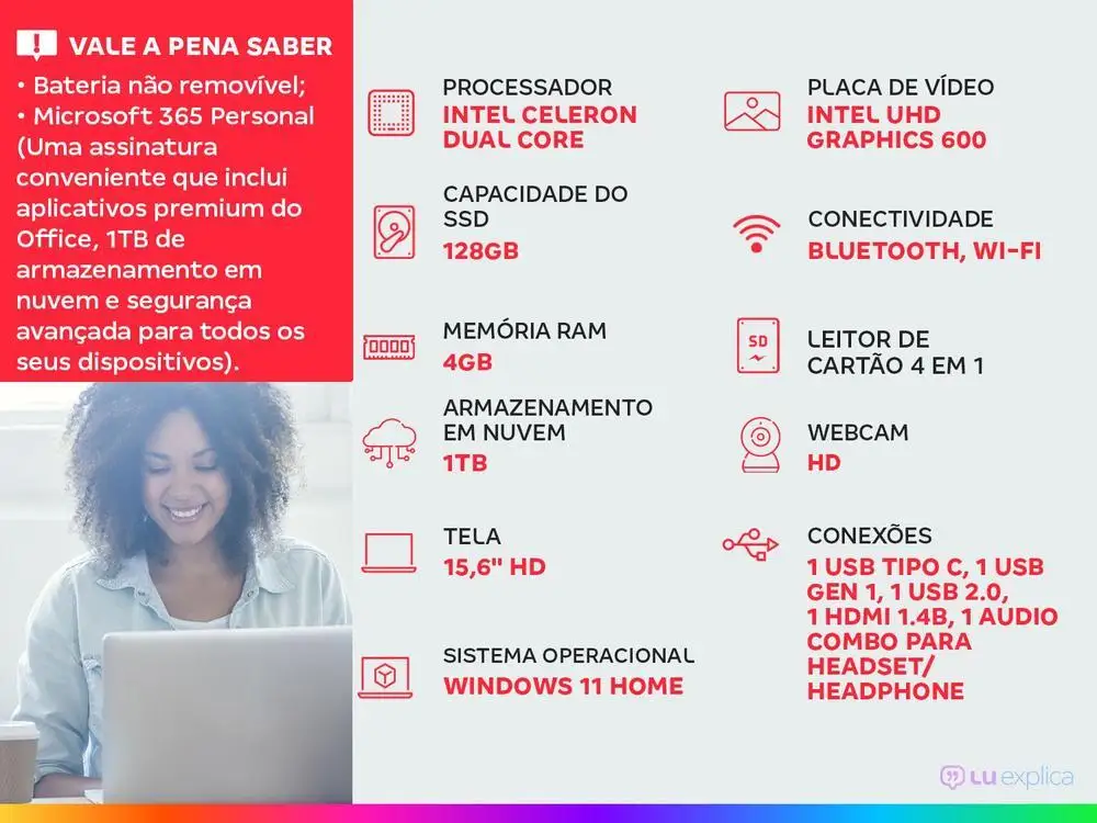 Notebook Lenovo Intel Celeron Dual Core 4GB 128GB