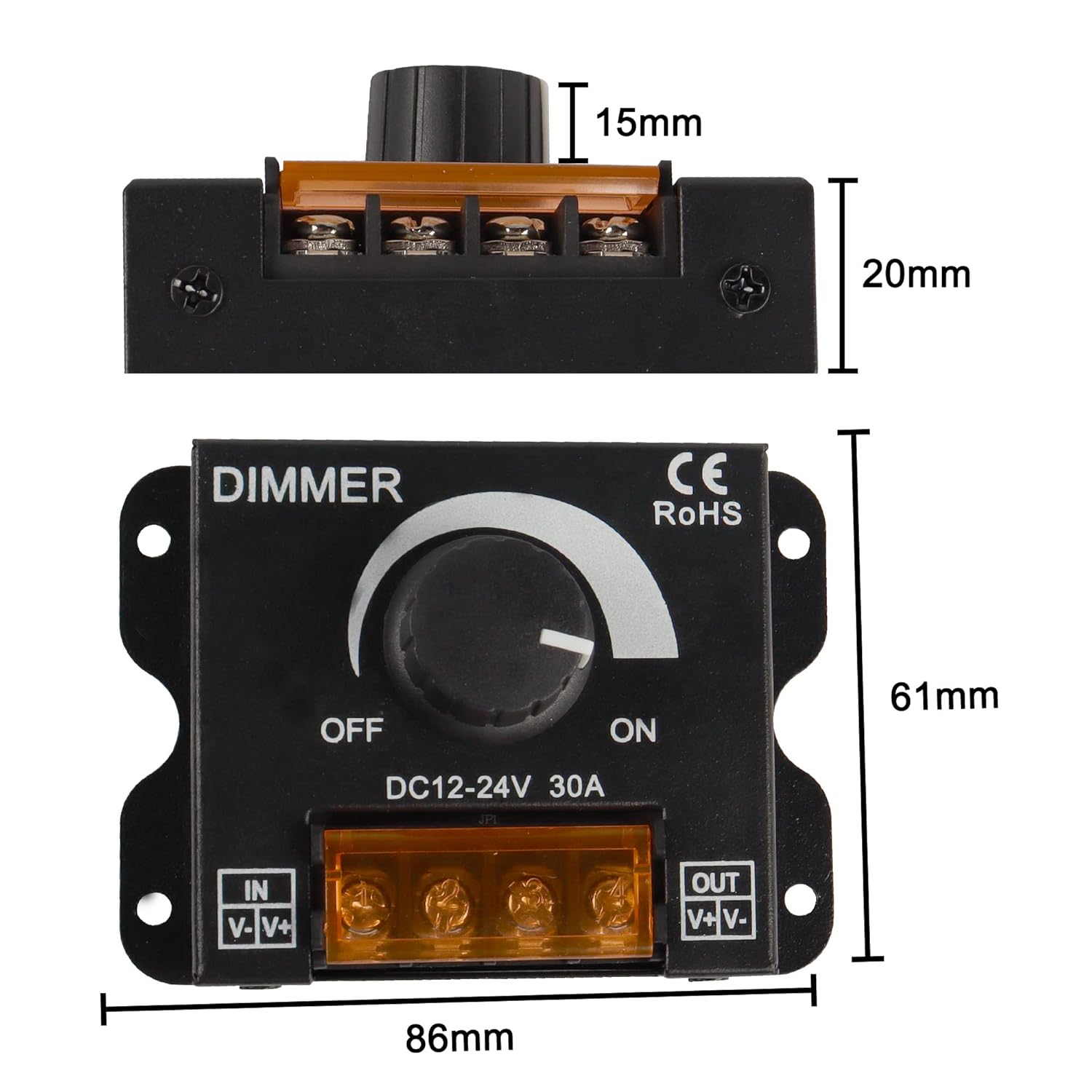 LED Light Strip Dimmer, DC 12V/24V 30A PWM Dimming Controller, Knob Adjust Brightness ON/Off Switch for Single Color LED Ligh
