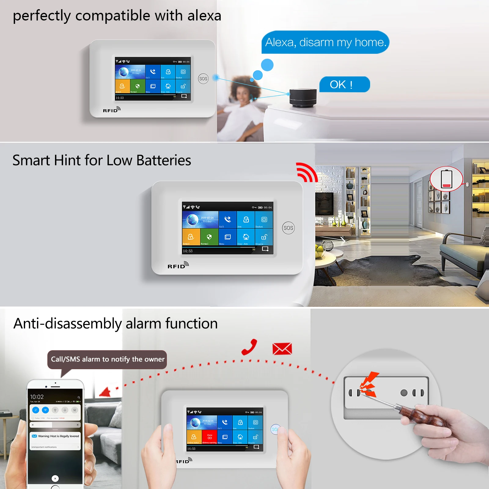 PGST 433MHz All Touch Screen Burglar Wireless WIFI GSM RFID Card Alarm System Smart Home Security DIY Alarm TUYA Smart Life