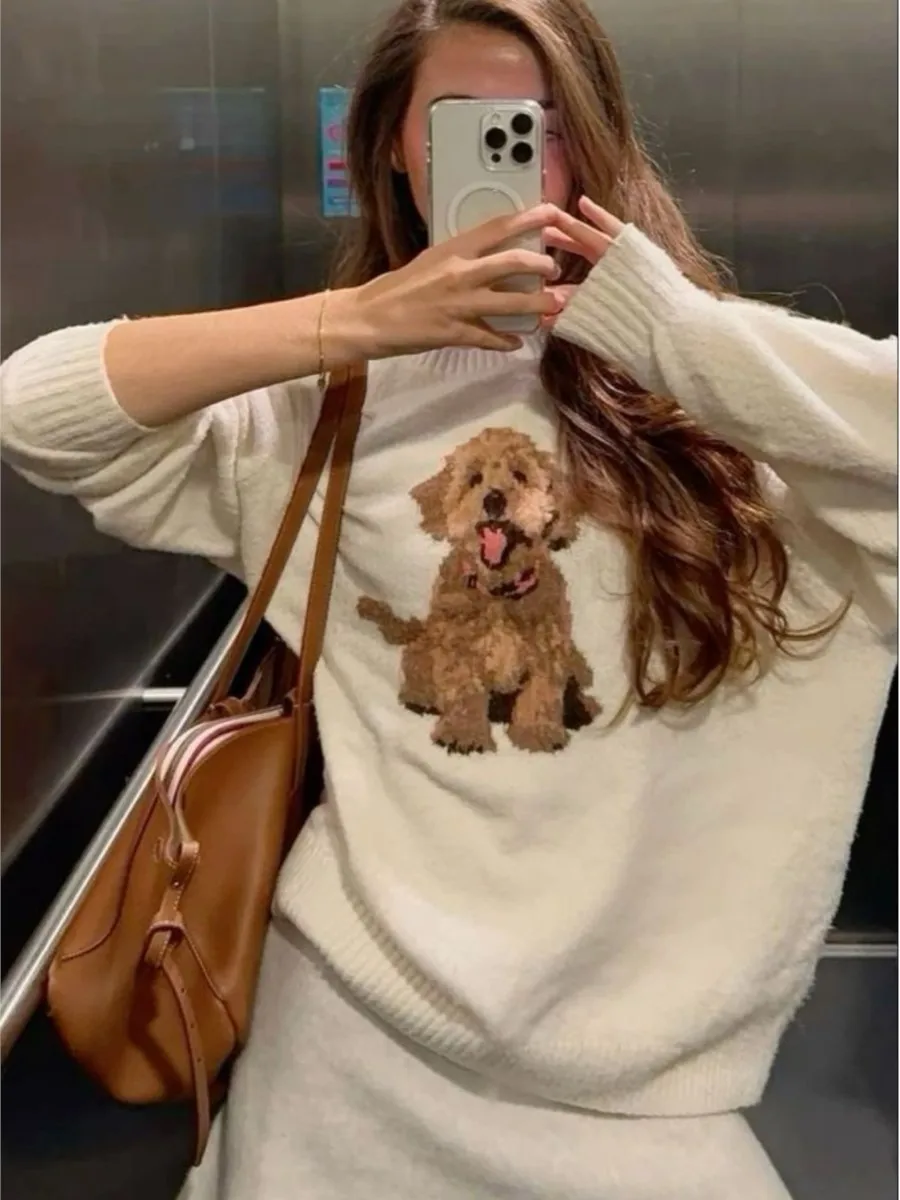 Sweter Rajutan Grafis Anjing Lucu Atasan Pullover Lengan Panjang Leher Kru Baru Musim Gugur Wanita Jumper Kasual Longgar Gaya Preppy Wanita