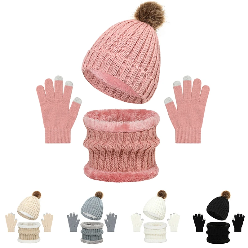 3 pz/set Donne Cappello Lavorato A Maglia Sciarpa Guanti Inverno Adolescente Ragazze Beanie Scaldacollo Vestito Orecchie Calde All'aperto Donna Cap Set
